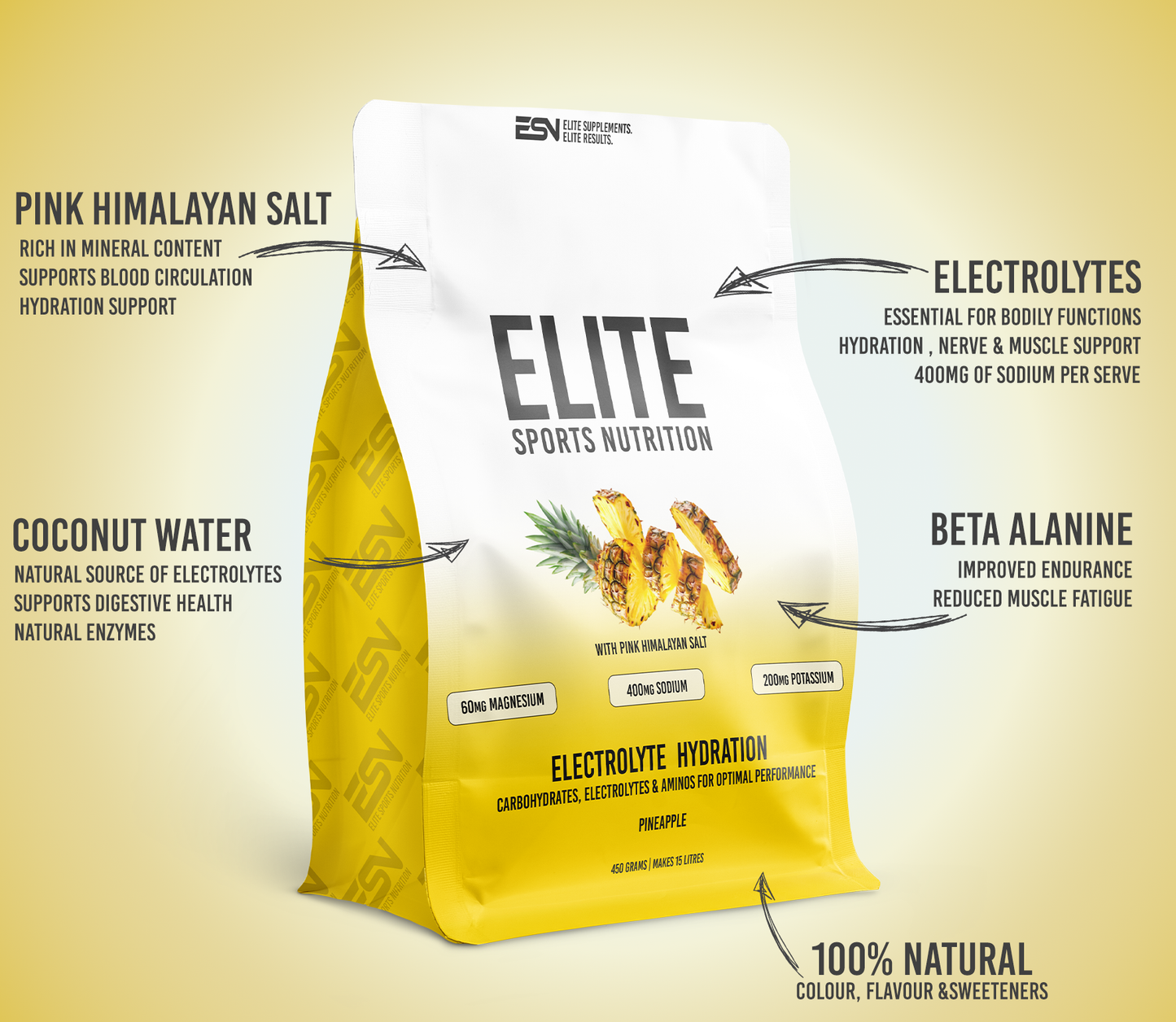 Elite Electrolyte Hydration, Pineapple 450g
